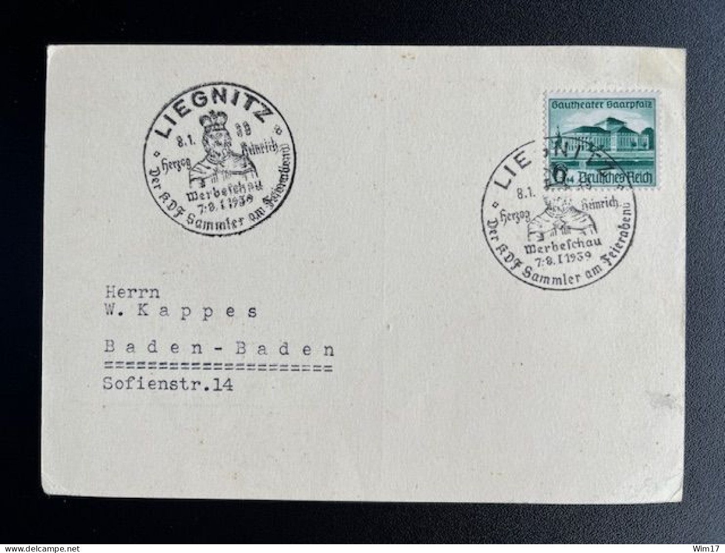 GERMANY 1939 POSTCARD LIEGNITZ TO BADEN BADEN 08-01-1939 DUITSLAND DEUTSCHLAND SONDERSTEMPEL HERZOG HEINRICH - Covers & Documents