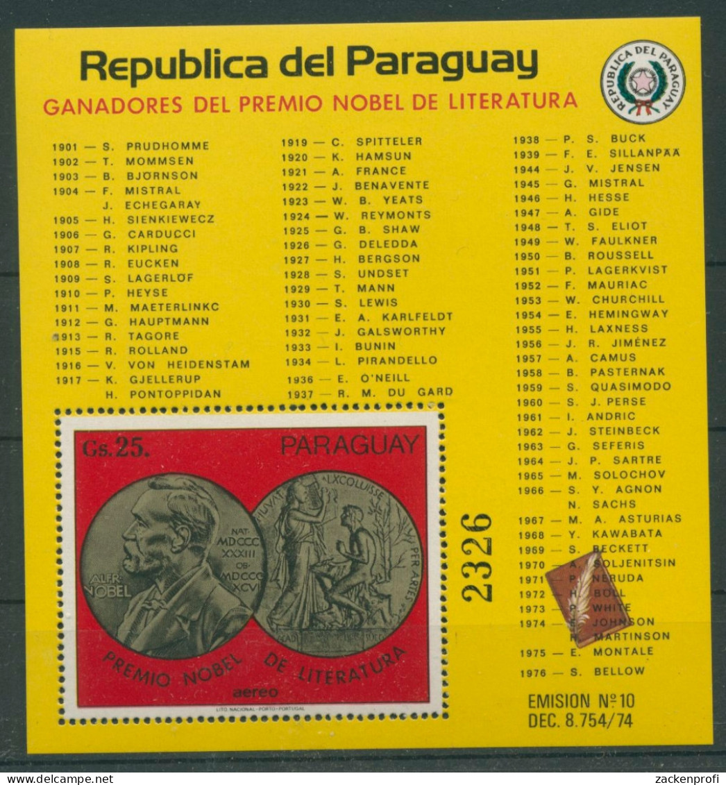 Paraguay 1977 Nobelpreisträger Literatur Block 306 Postfrisch (C22640) - Paraguay