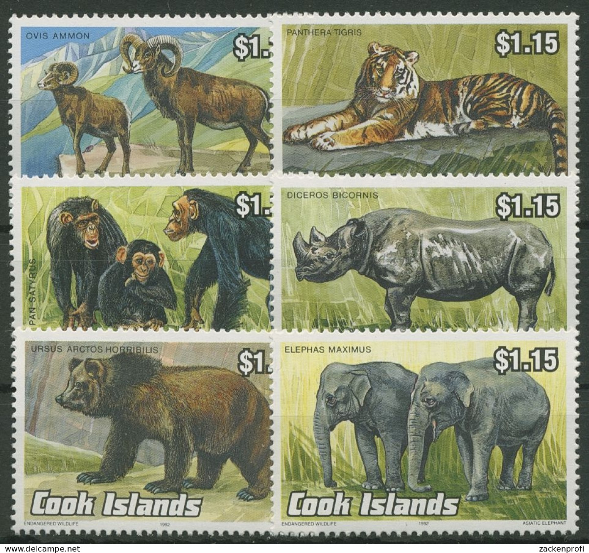 Cook-Inseln 1992 Gefährdete Tiere Elefant Nashorn 1341/46 Postfrisch - Cookeilanden