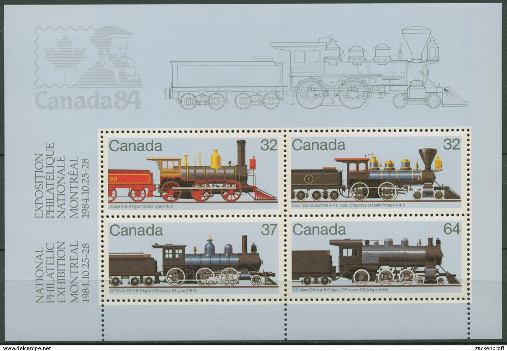 Kanada 1984 Eisenbahn Dampflokomotiven Block 3 Postfrisch (C93901) - Blocs-feuillets