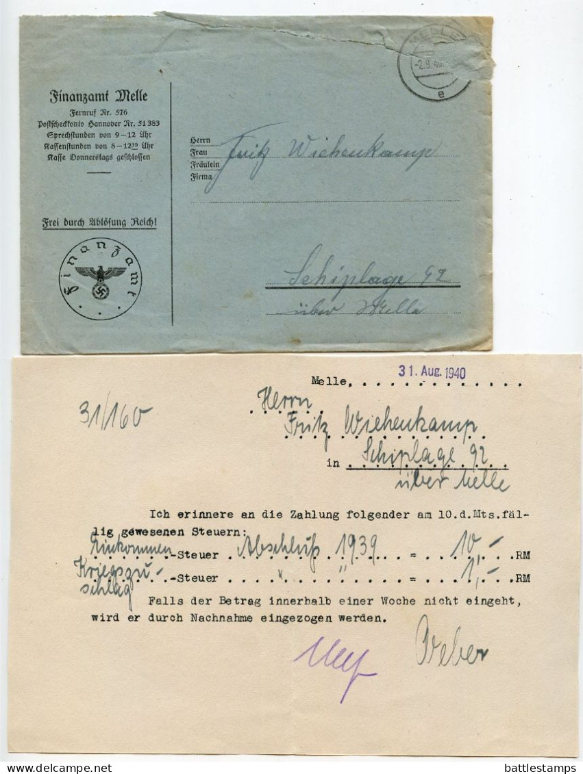 Germany 1940 Official Cover & Document; Melle - Finanzamt (Tax Office) To Schiplage; Tax Payment Reminder - Covers & Documents