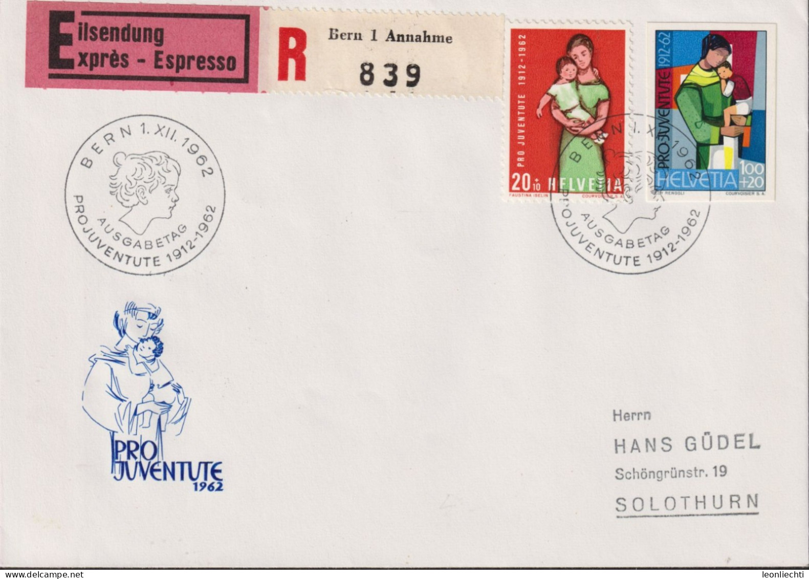 1962 R-Brief Eilsendung. Pro Juventute, Zum:CH J195+J198, Mi:CH 760+763, Mutter Und Kind, - Storia Postale