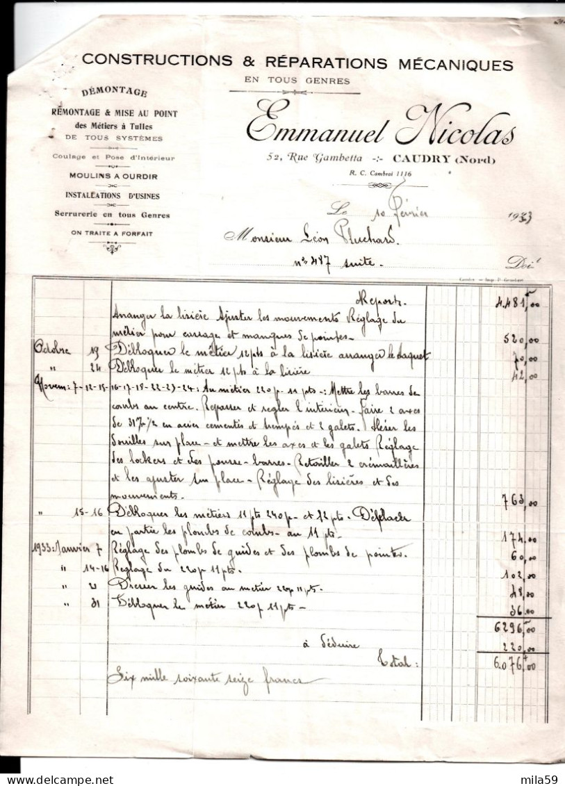 Constructions & Réparations Mécaniques, Emmanuel Nicolas. Caudry. à M. Pluchard Fabricant De Tulles à Inchy. 1933 - 1900 – 1949