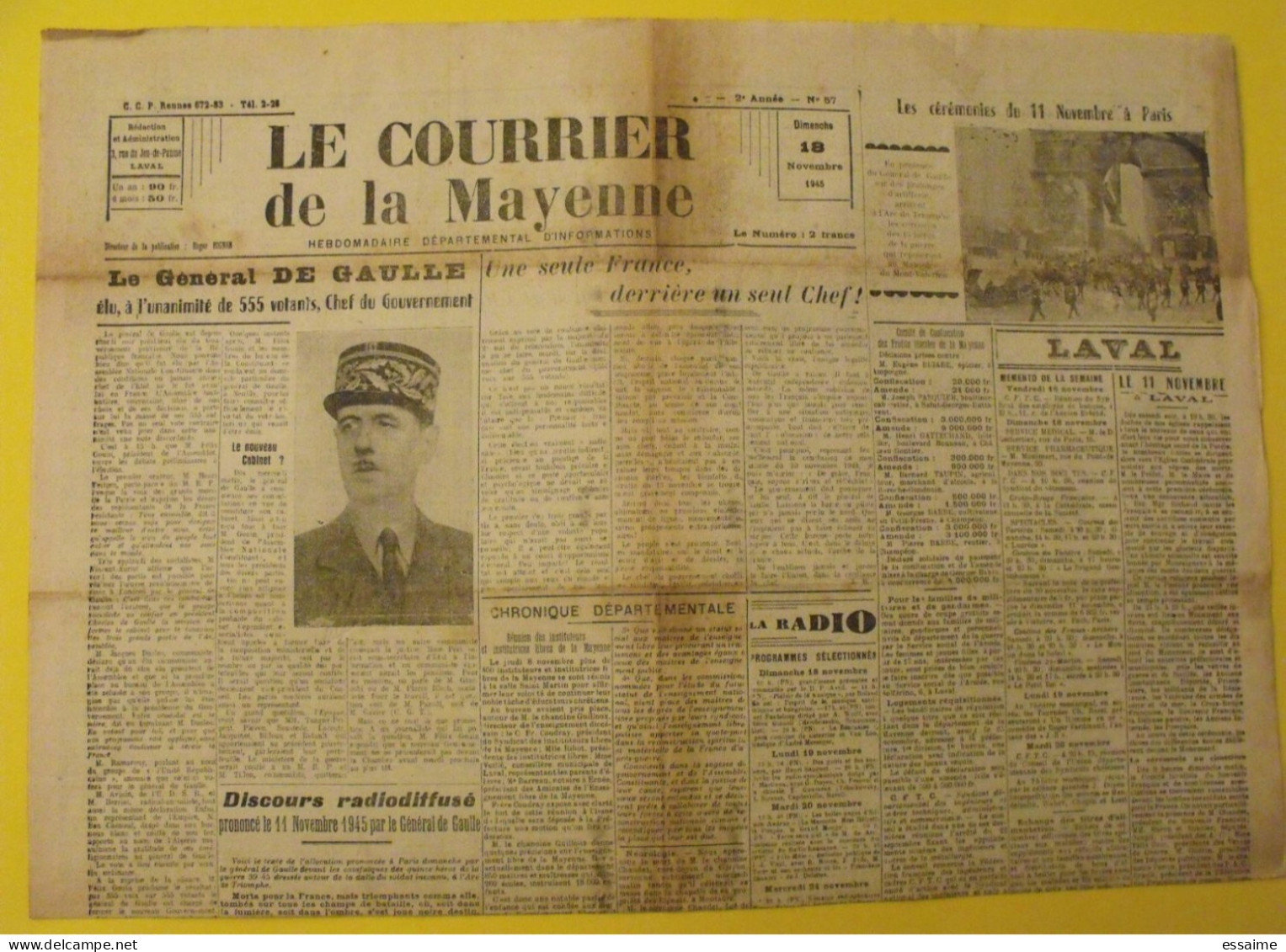 Le Courrier De La Mayenne N° 57 Du 18 Novembre 1945. De Gaulle Chef Du Gouvernement  Laval - Pays De Loire