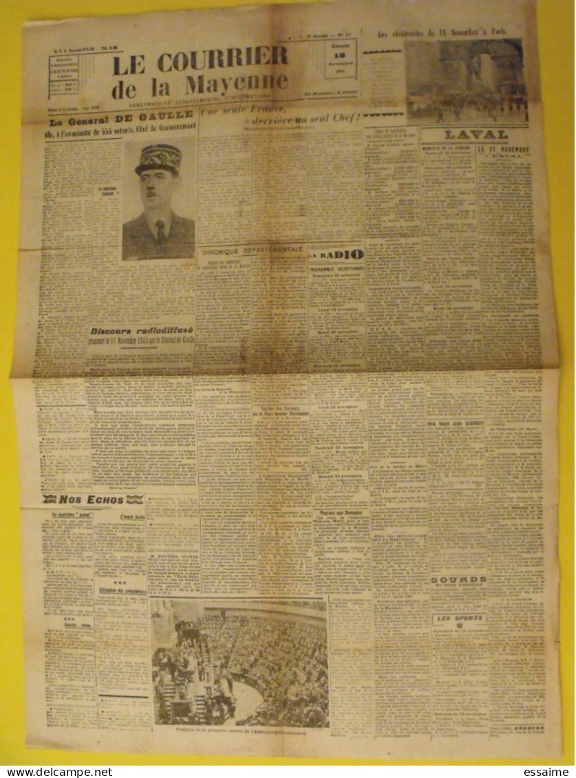 Le Courrier De La Mayenne N° 57 Du 18 Novembre 1945. De Gaulle Chef Du Gouvernement  Laval - Pays De Loire