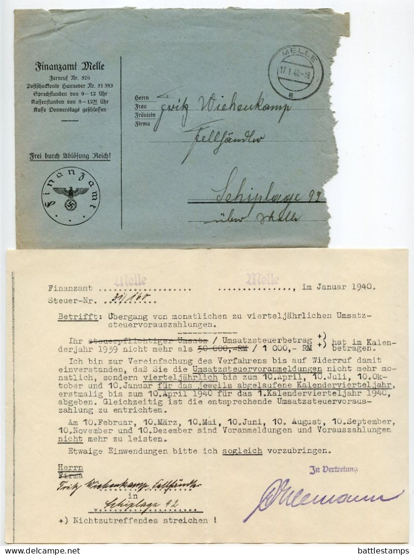 Germany 1940 Official Cover & Document; Melle - Finanzamt (Tax Office) To Schiplage; Monthly To Quarterly Payments - Covers & Documents
