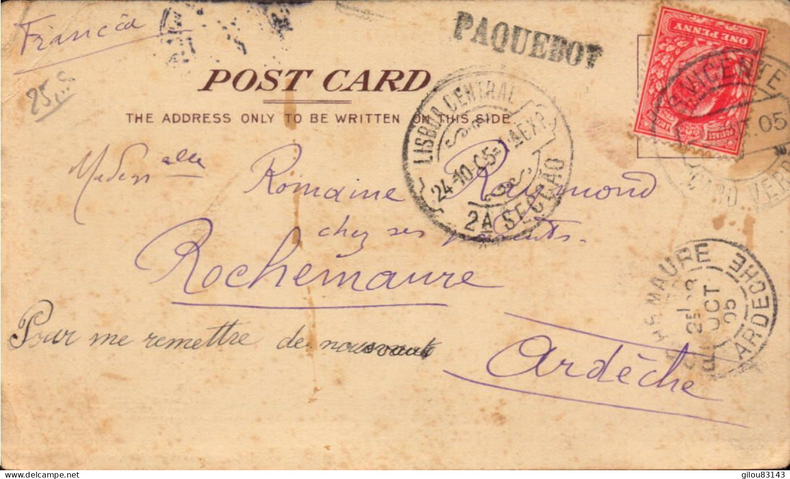 Lettre, Carte Du Cap Vert, S. Vicente à Bord De L Oropesa Streamer ( Paquebot ) Lisboa, Pour La France Ardeche - Islas De Cabo Verde