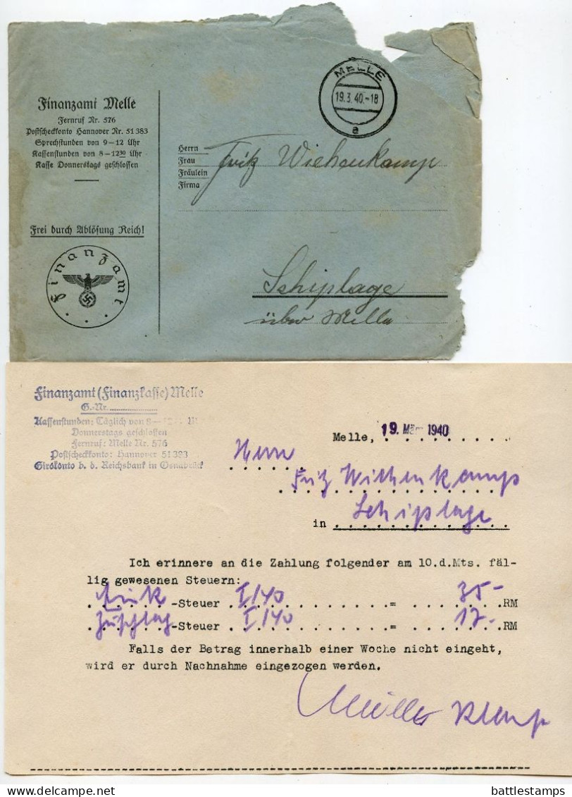 Germany 1940 Official Cover & Document; Melle - Finanzamt (Tax Office) To Schiplage; Tax Payment Reminder - Covers & Documents