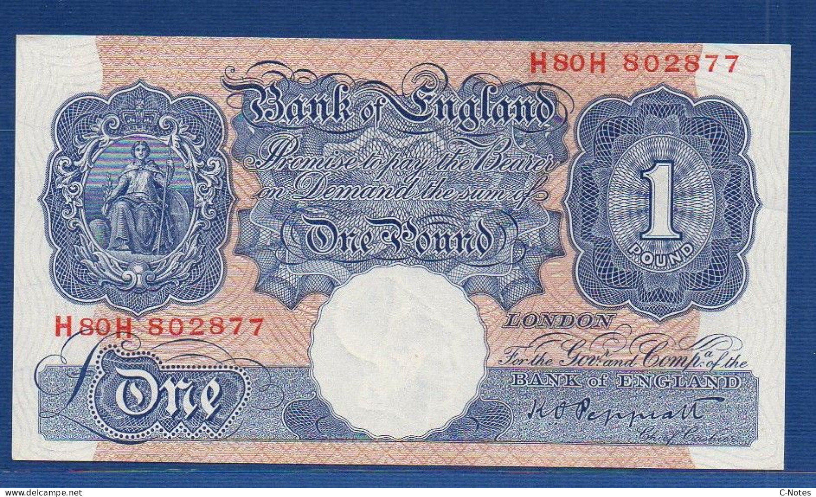 GREAT BRITAIN - P.367 – 1 Pound ND (1940 - 1948) UNC-,  S/n H80H 802877 - 1 Pond