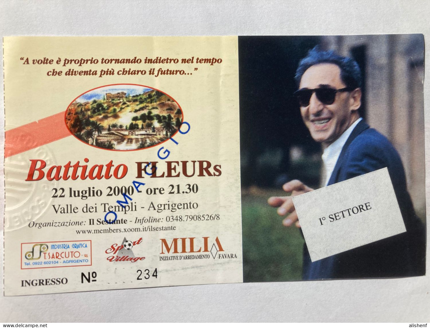 Franco Battiato Biglietto Concerto Alla Valle Dei Templi Di Agrigento 22 Luglio 2000 - Tickets - Entradas