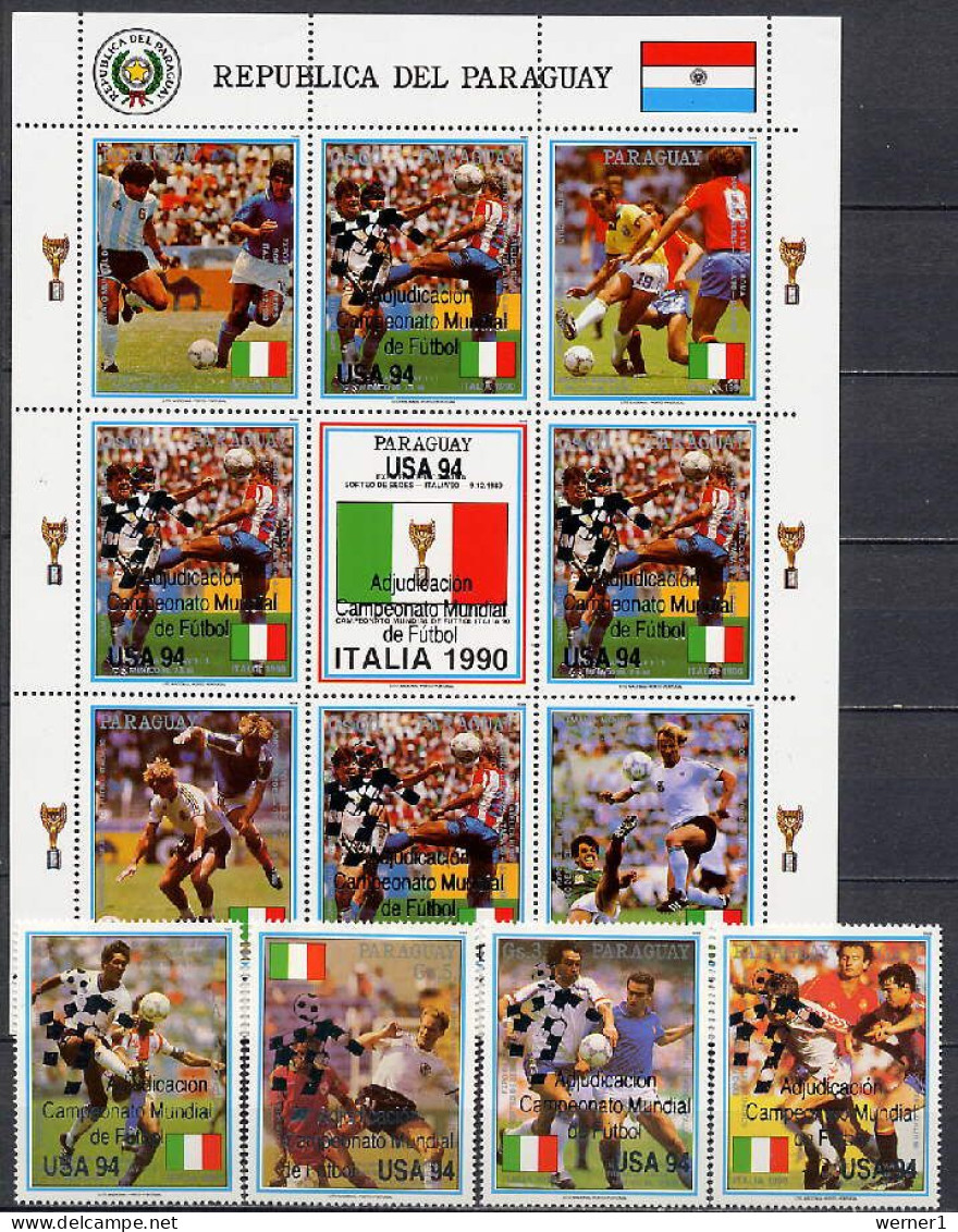 Paraguay 1991 Football Soccer World Cup Sheetlet + 4 Stamps With Silver Overprint MNH - 1994 – USA