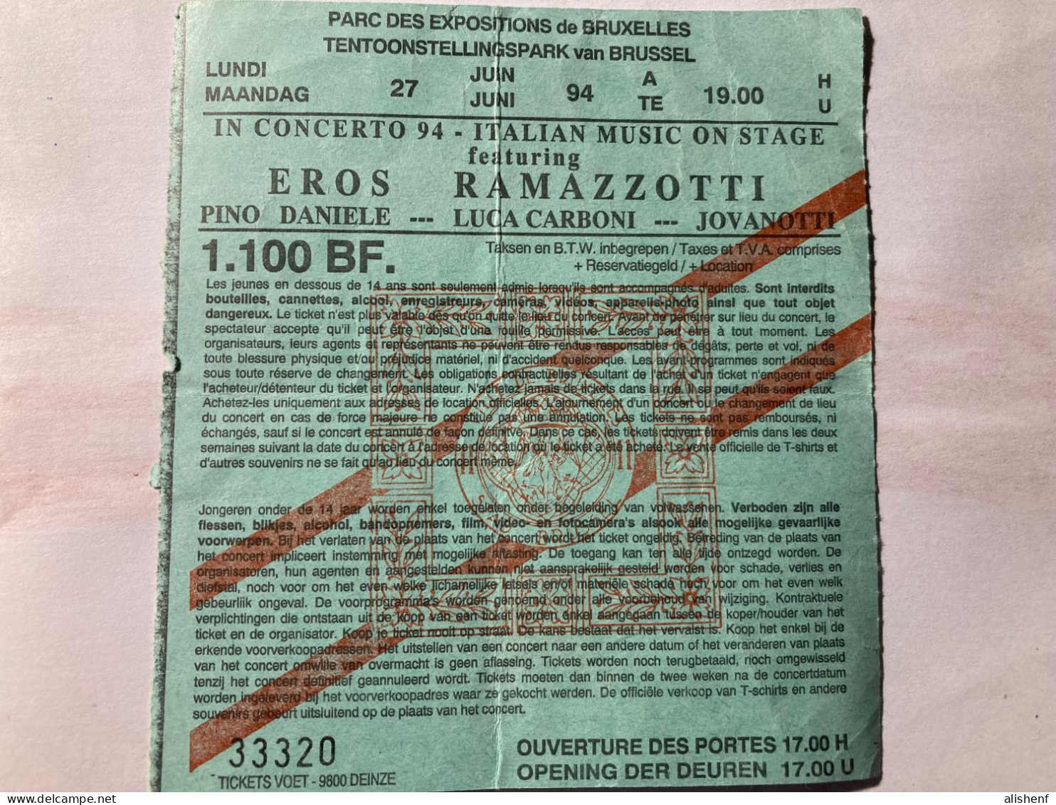 Ramazzotti, Pino Daniele, Jovanotti, Luca Carboni Biglietto D'ingresso Concerto A Bruxelles Belgio - Tickets D'entrée