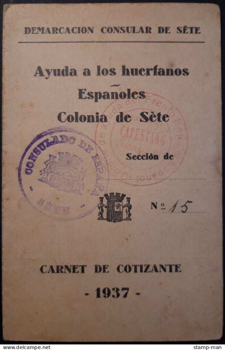 GUERRA CIVIL.1937.AYUDA A LOS NIÑOS HUÉRFANOS ESPAÑOLES DE MADRID EN SÈTE.COLONIA DE SÈTE.CARNET CON 10 VIÑETAS DE 1 FR. - Spanish Civil War Labels