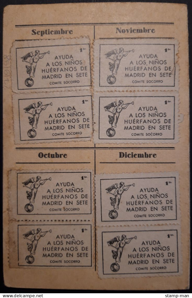 GUERRA CIVIL.1937.AYUDA A LOS NIÑOS HUÉRFANOS ESPAÑOLES DE MADRID EN SÈTE.COLONIA DE SÈTE.CARNET CON 10 VIÑETAS DE 1 FR. - Spanish Civil War Labels