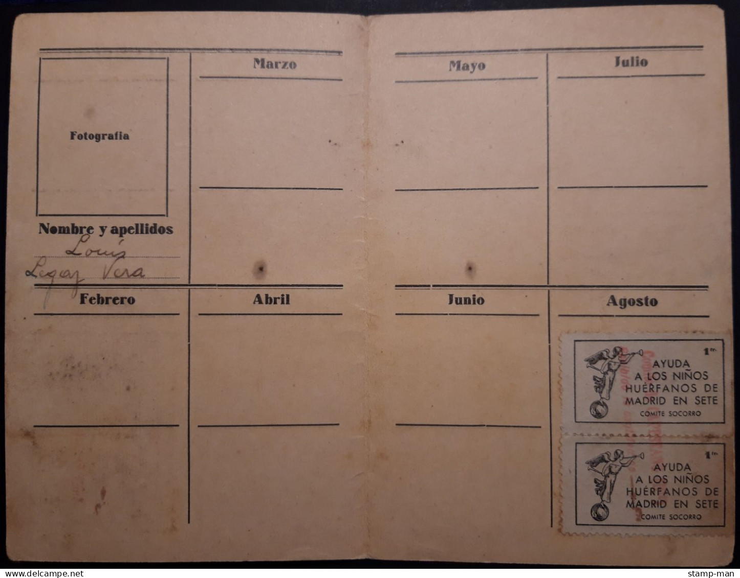 GUERRA CIVIL.1937.AYUDA A LOS NIÑOS HUÉRFANOS ESPAÑOLES DE MADRID EN SÈTE.COLONIA DE SÈTE.CARNET CON 10 VIÑETAS DE 1 FR. - Vignette Della Guerra Civile