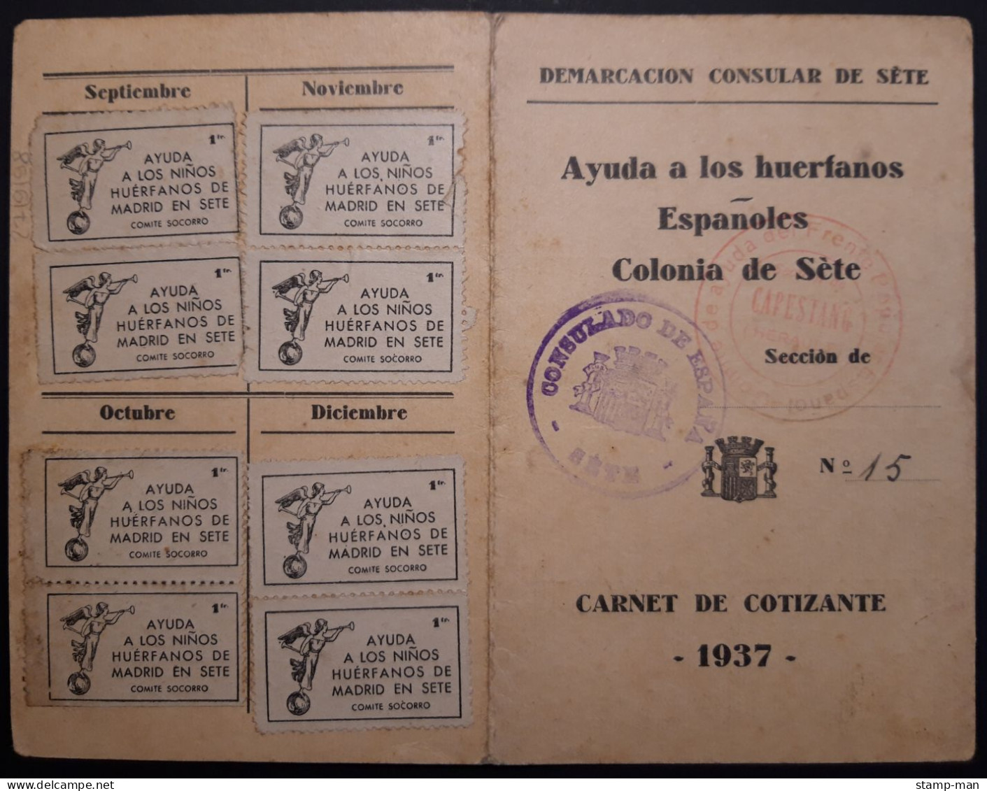 GUERRA CIVIL.1937.AYUDA A LOS NIÑOS HUÉRFANOS ESPAÑOLES DE MADRID EN SÈTE.COLONIA DE SÈTE.CARNET CON 10 VIÑETAS DE 1 FR. - Spanish Civil War Labels