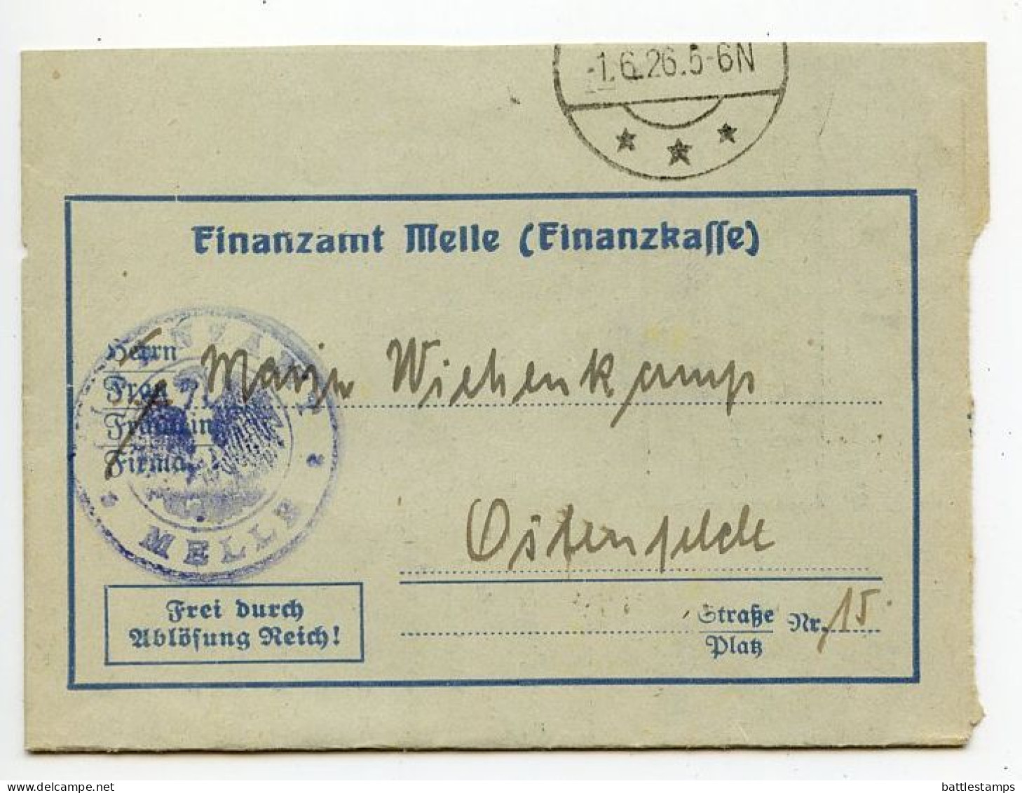 Germany 1926 Official Folded Document; Melle - Finanzamt (Tax Office) To Ostenfelde; Mahnzettel (Dunning Notice) - Cartas & Documentos