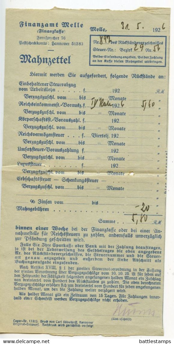 Germany 1926 Official Folded Document; Melle - Finanzamt (Tax Office) To Ostenfelde; Mahnzettel (Dunning Notice) - Briefe U. Dokumente