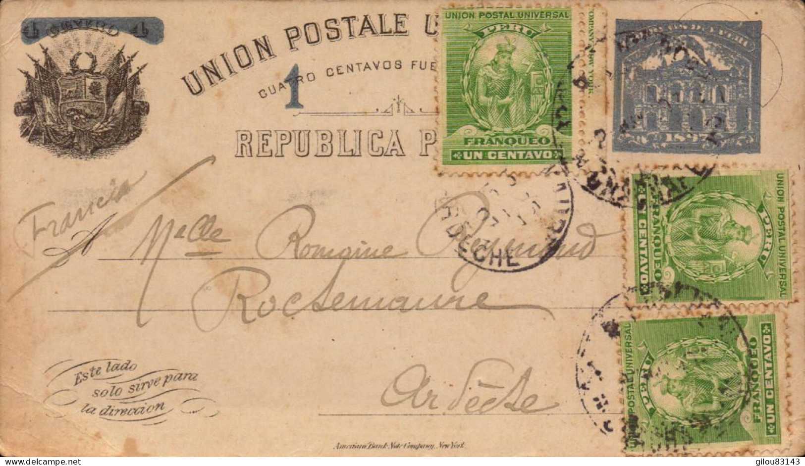 Lettre, Carte Union Postale Universelle ( Entier Postal ), Perou Pour La France, Rochemaure Ardeche, 1906 - Perú