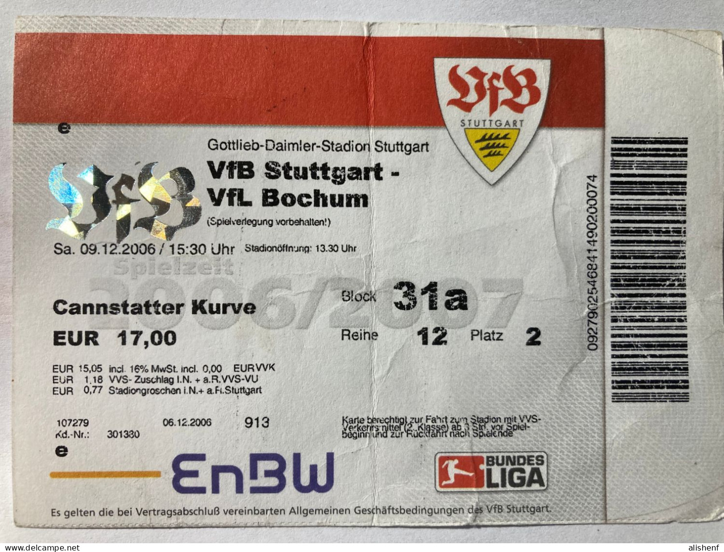 Stuttgart - Bochum Ticket Stadium Daimler Stadion Stuttgart 6.12.2006 - Toegangskaarten