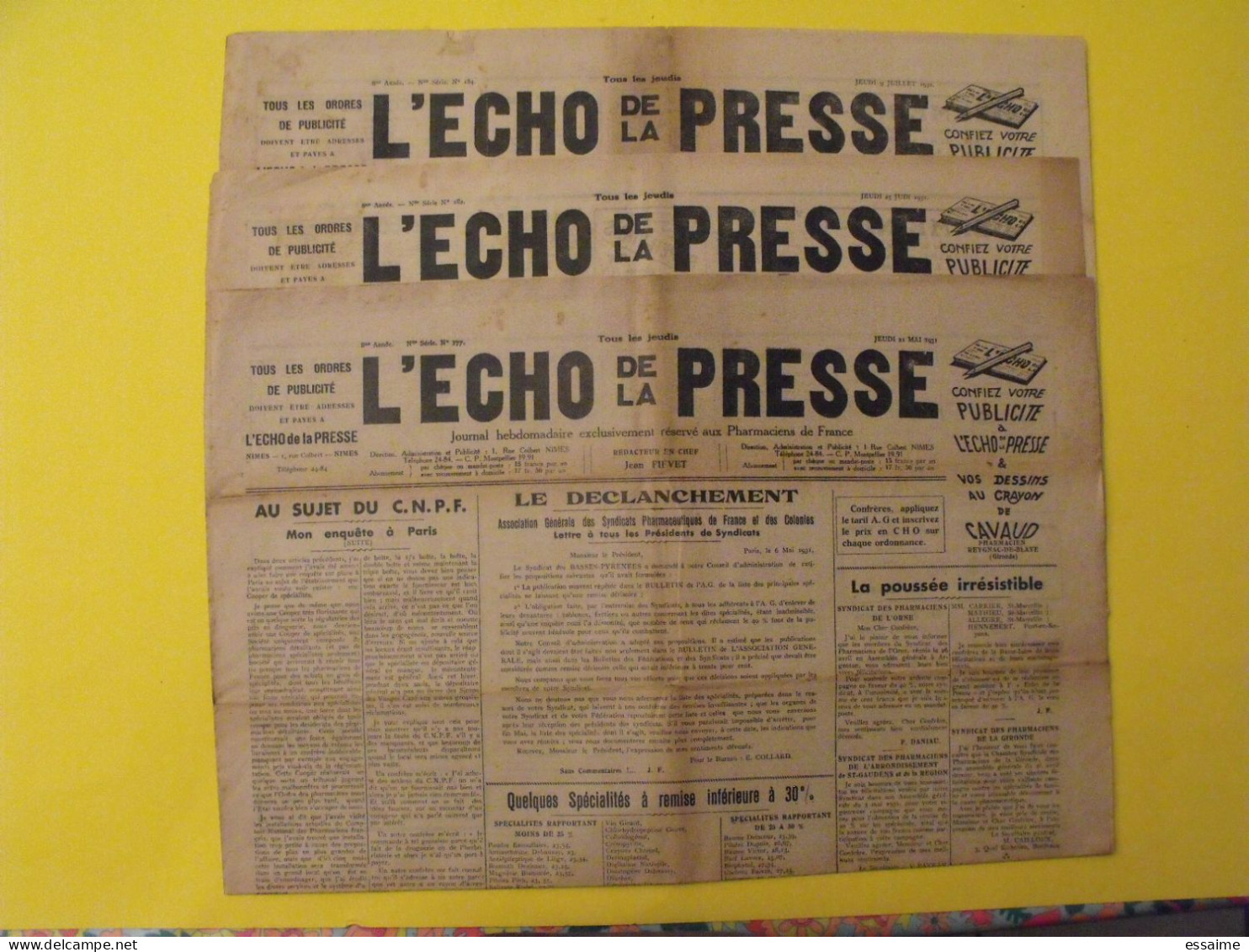 3 N° De L'Echo De La Presse De 1931. Pharmaciens De France Législation Des Stupéfiants - Sonstige & Ohne Zuordnung