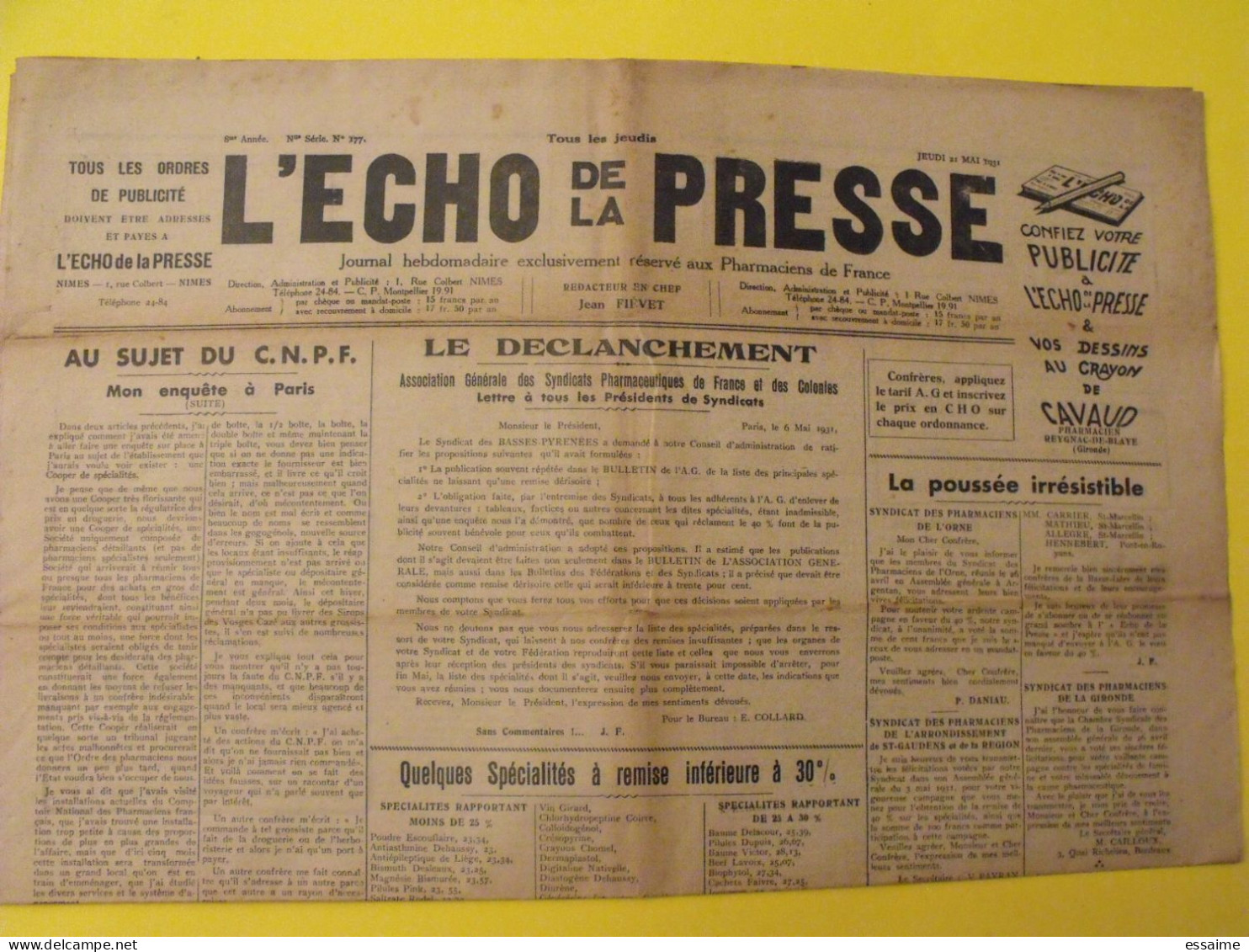 3 N° De L'Echo De La Presse De 1931. Pharmaciens De France Législation Des Stupéfiants - Sonstige & Ohne Zuordnung