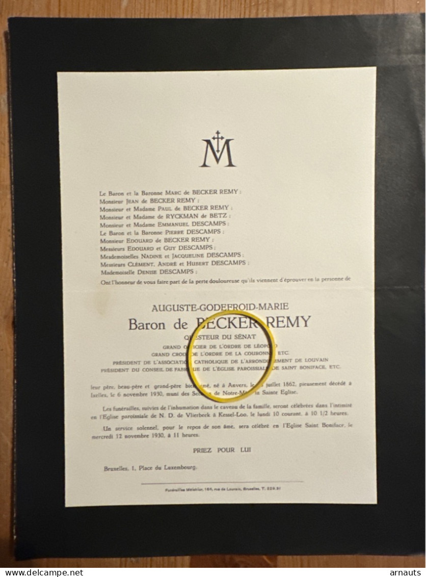 Auguste Baron De Becker Remy *1862 Anvers +1930 Ixelles Vlierbeek Kessel-lo Questeur Du Senat - Décès