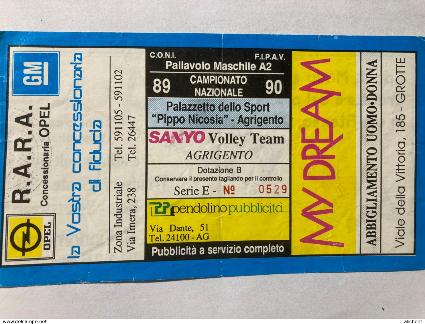 Biglietto Pallavolo Maschile A2 Campionato 89-90 Sanyo Volley Team Agrigento - Eintrittskarten