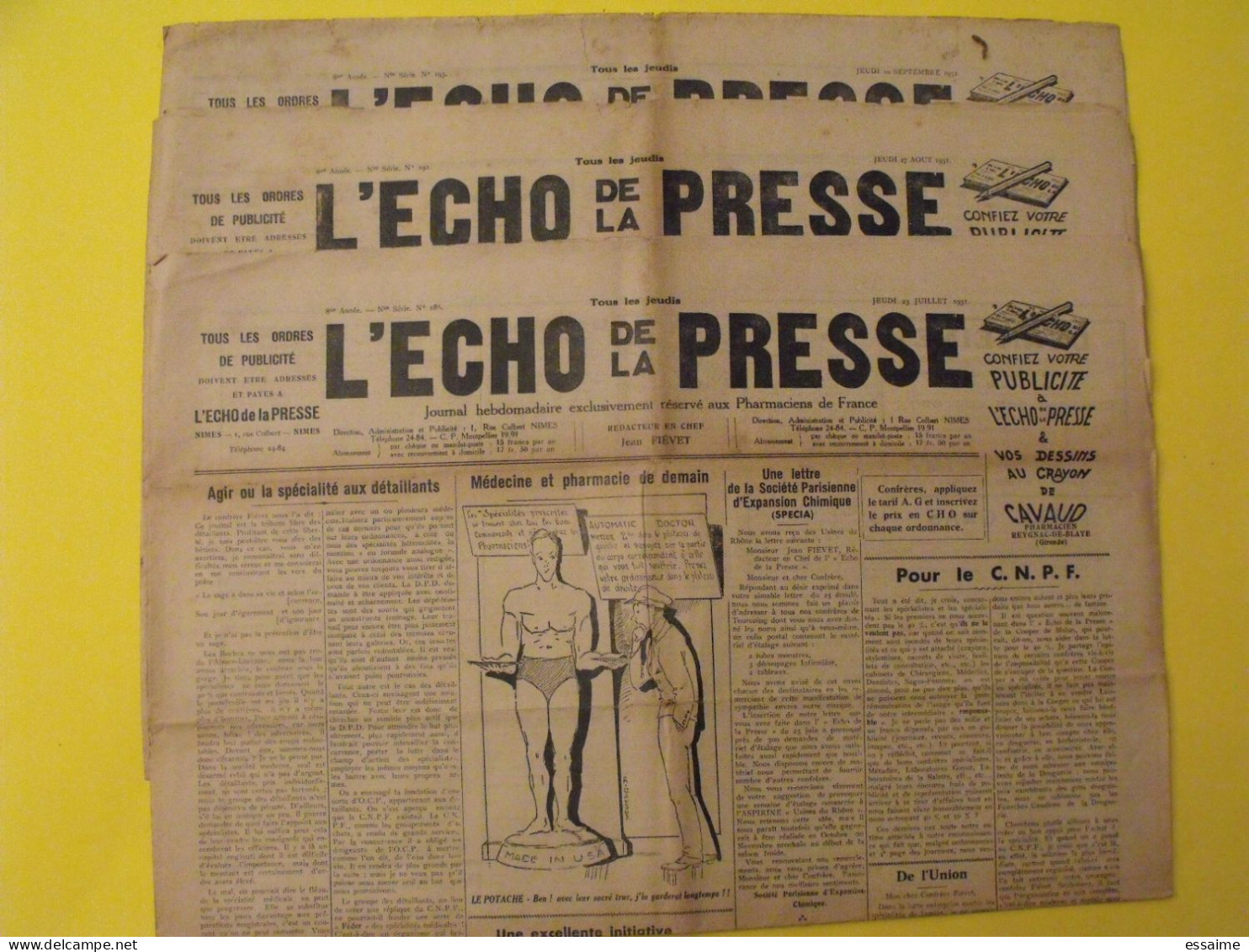 3 N° De L'Echo De La Presse De 1931. Pharmaciens De France CNPF Toxiques Jurisprudence - Andere & Zonder Classificatie