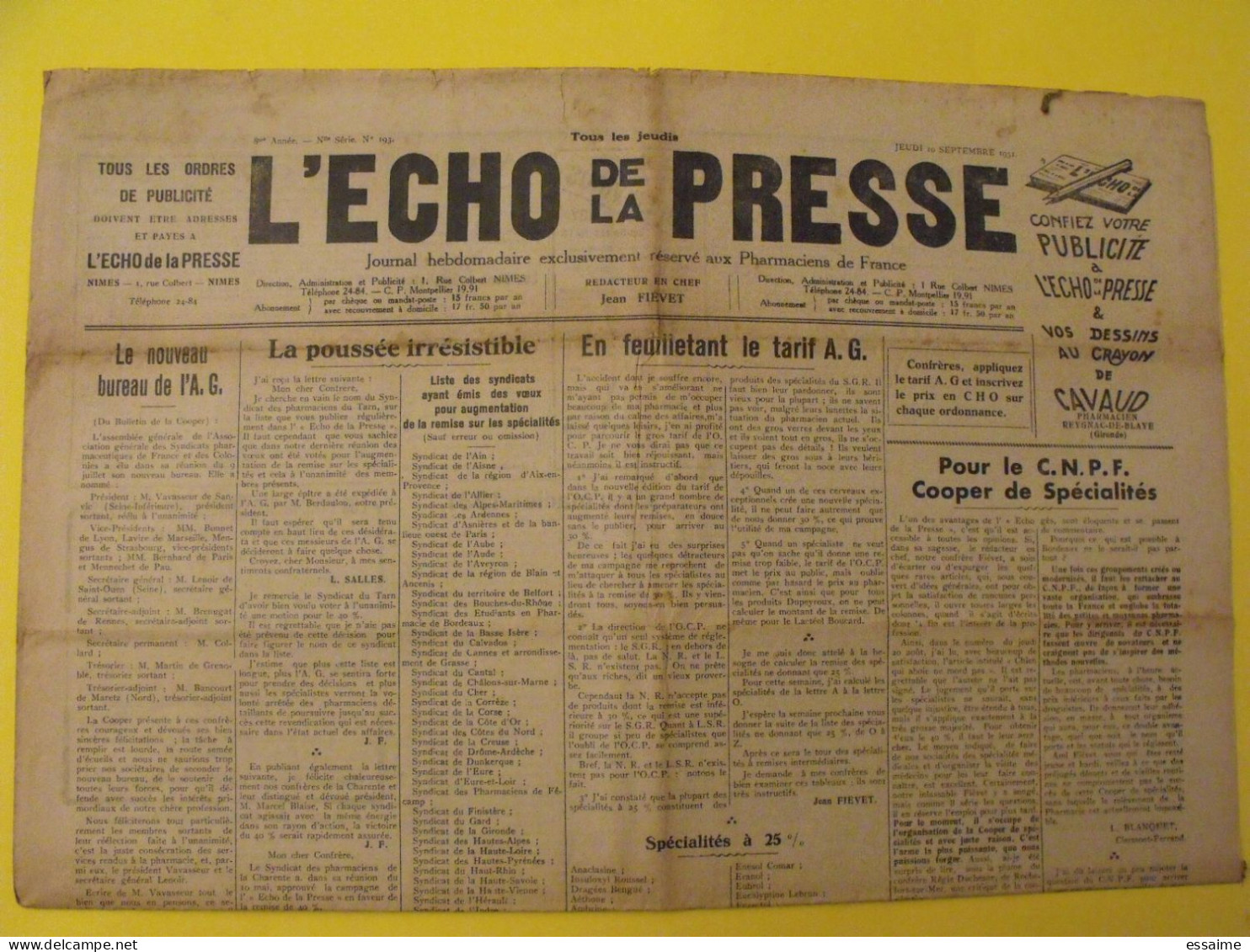 3 N° De L'Echo De La Presse De 1931. Pharmaciens De France CNPF Toxiques Jurisprudence - Altri & Non Classificati