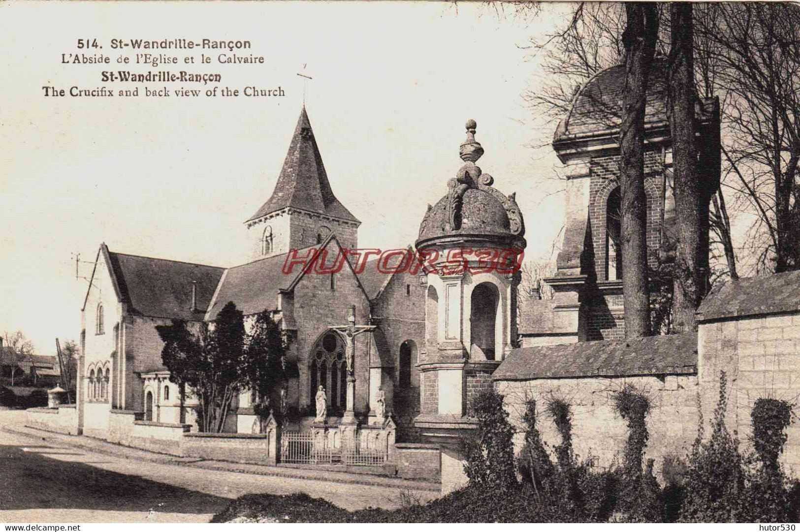 CPA SAINT WANDRILLE RANCON - SEINE MARITIME - L'EGLISE ET LE CALVAIRE - Saint-Wandrille-Rançon