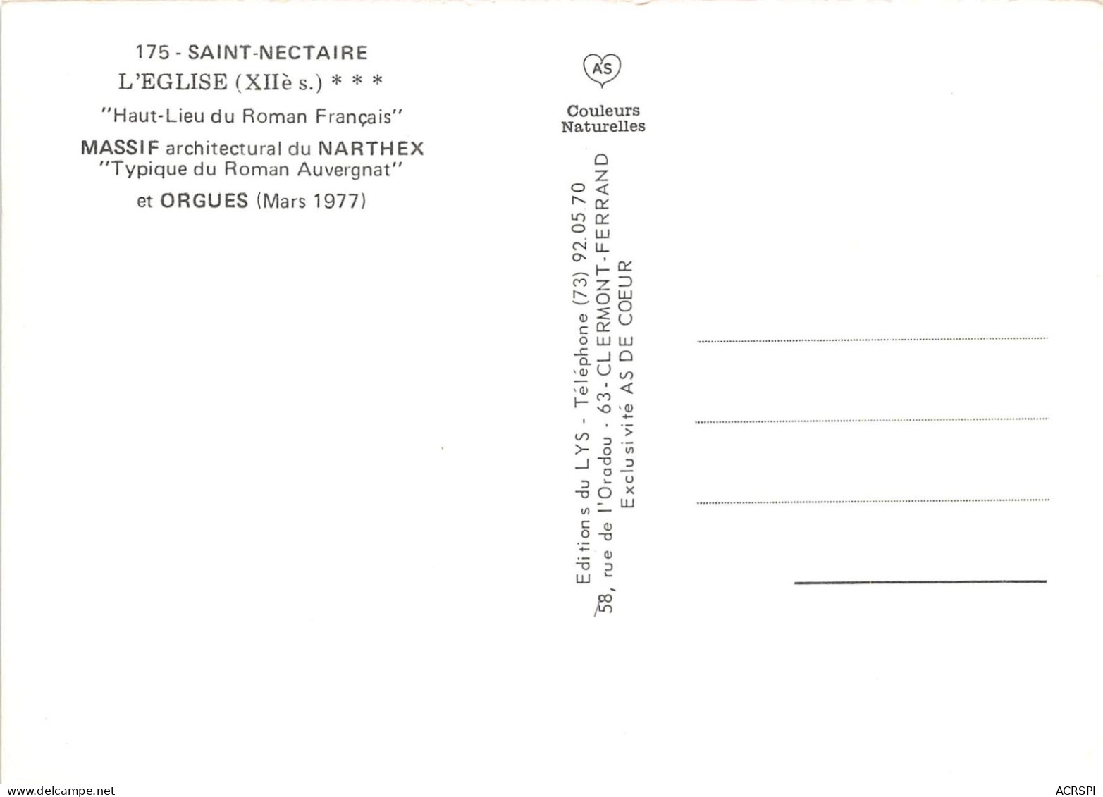 SAINT NECTAIRE L EGLISE Haut Lieu Du Roman Francais Massif Du Narthex 16(scan Recto-verso) MA2220 - Saint Nectaire