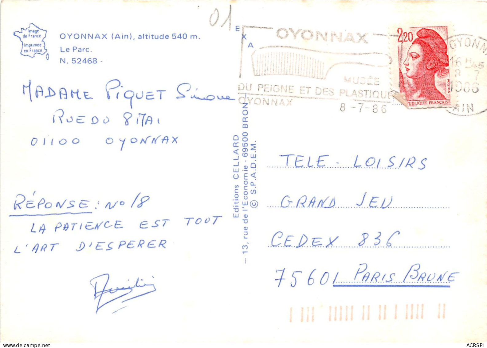 OYONNAX Le Parc 22(scan Recto-verso) MA2205 - Oyonnax