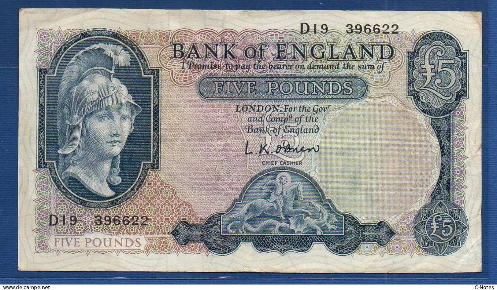 GREAT BRITAIN - P.371 – 5 Pounds ND (1957) VF,  S/n D19 396622 - 5 Pond