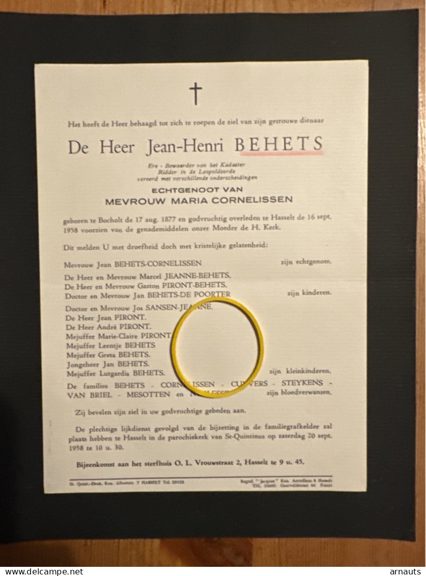 Jean-Henri Behets Echtg Cornelissen *1877 Bocholt +1958 Hasselt Kadaster Piront Sansen Mesotten Noblesse Van Briel - Overlijden