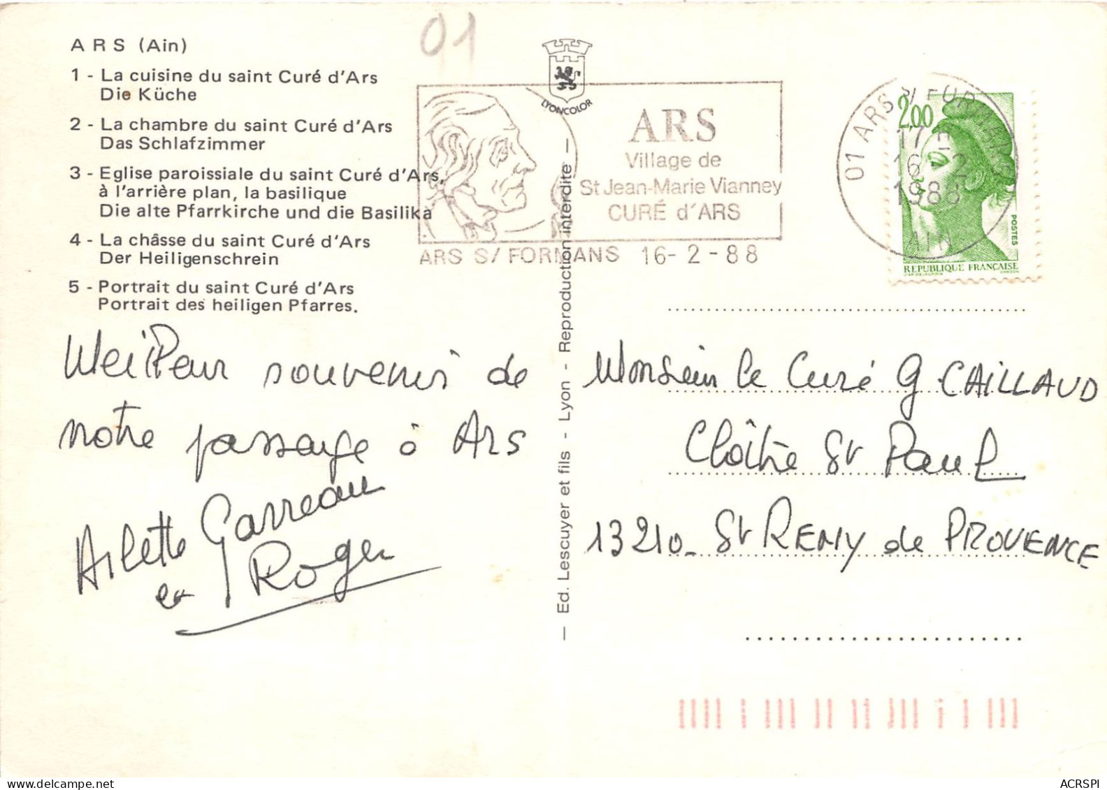 ARS  La Cuisine Du Saint Cure 26(scan Recto-verso) MA2253 - Ars-sur-Formans