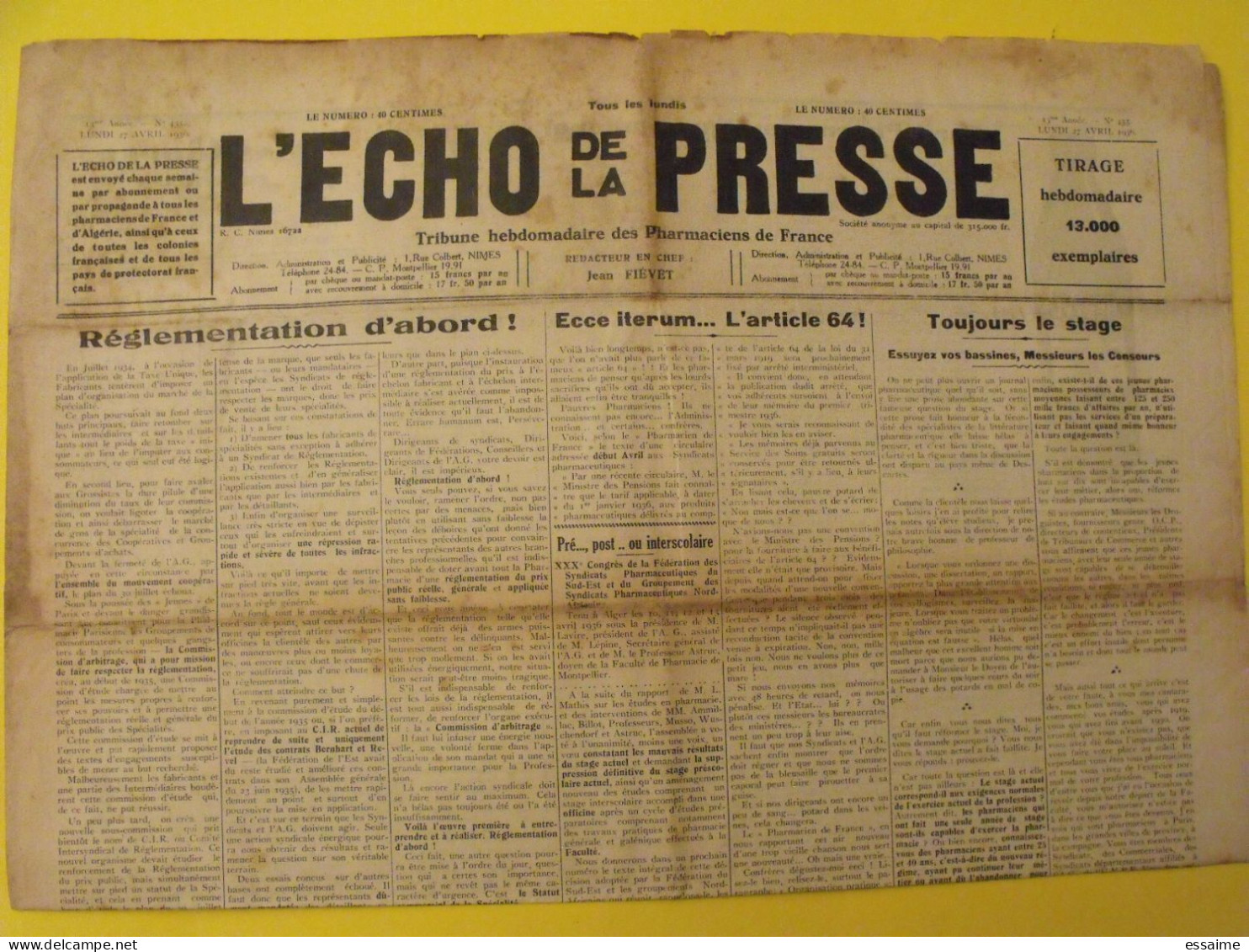 3 N° De L'Echo De La Presse De 1931-1936. Pharmaciens De France CNPF Réglementation - Other & Unclassified