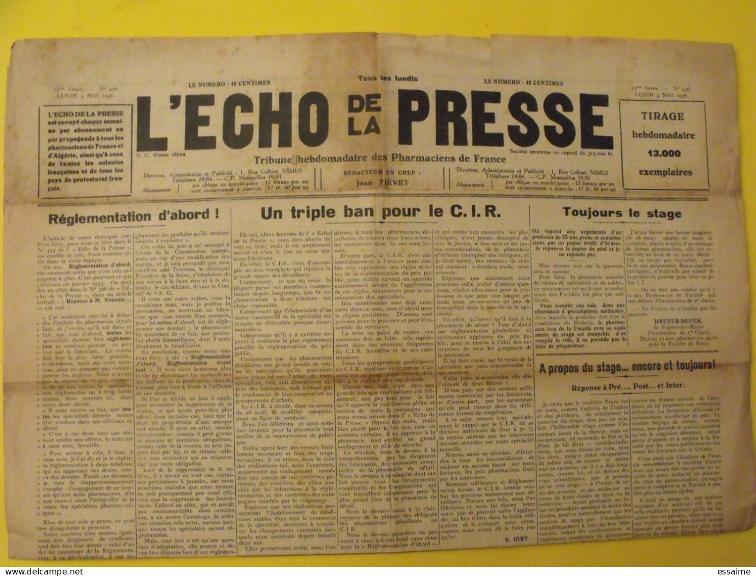 3 n° de L'Echo de la Presse de 1931-1936. Pharmaciens de France CNPF réglementation