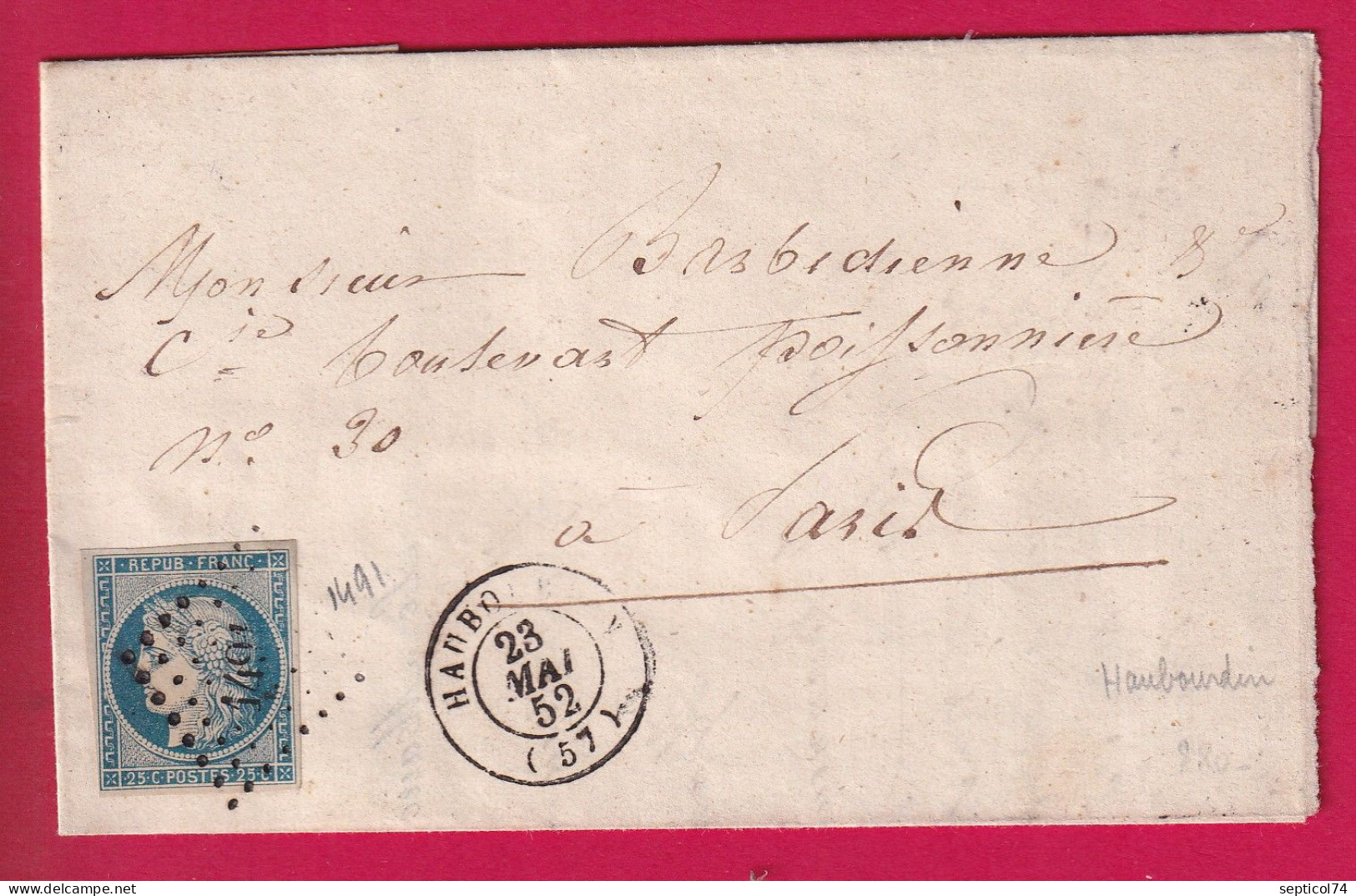 N°4 PC 1491 HAUBOURDIN NORD POUR PARIS LETTRE - 1849-1876: Klassik