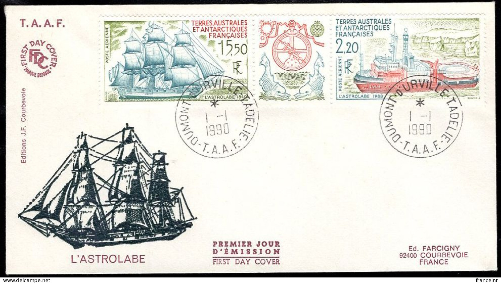 F.S.A.T. (1990) Ship "L'Astrolabe". FDC With Cachet.  Scott No C112a, Yvert No PA113a. - FDC