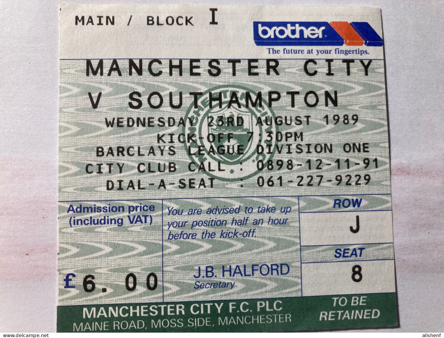 Manchester City - Southampton Ticket Stadium Football Division One August 1989 - Toegangskaarten