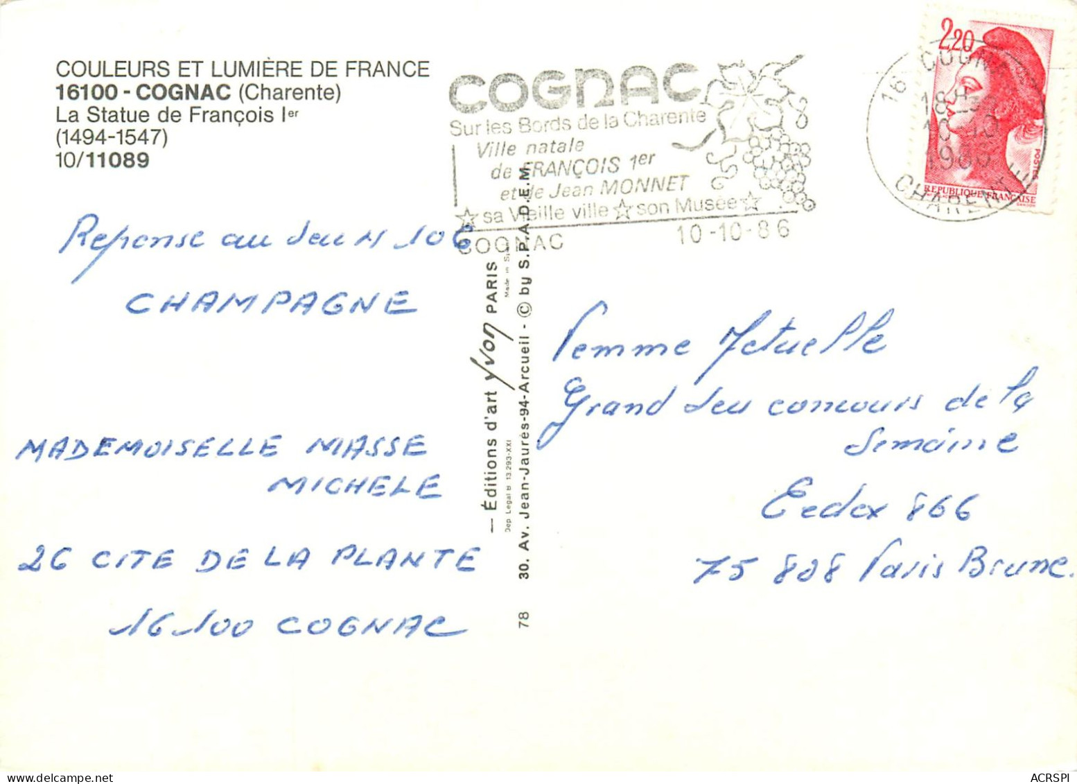 COGNAC   Brasserie Le COQ  D' OR La Nuit   16   (scan Recto-verso)MA2280Bis - Cognac