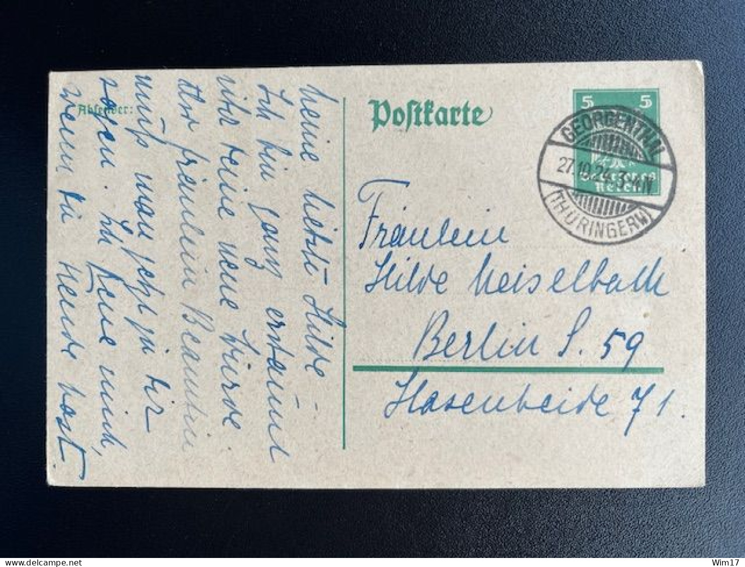 GERMANY 1924 POSTCARD GEORGENTHAL TO BERLIN 27-10-1924 DUITSLAND DEUTSCHLAND - Cartes Postales