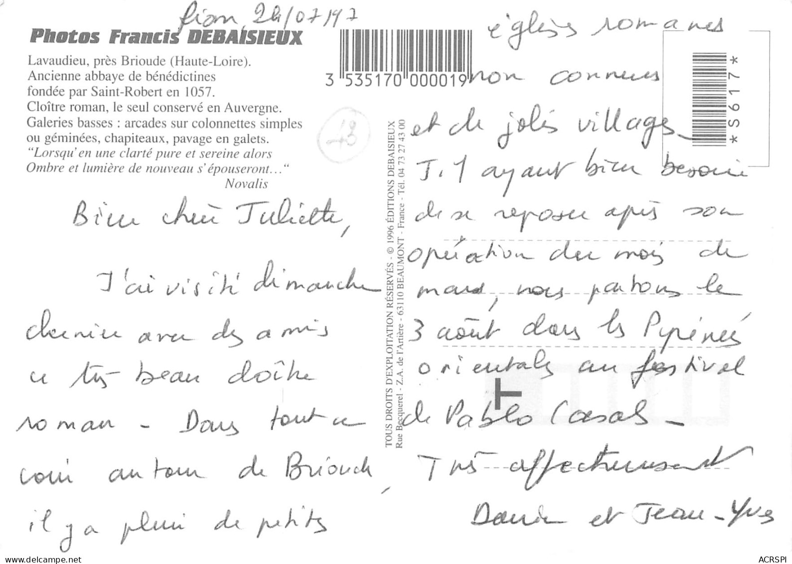 BRIOUDE  Abbaye De Lavaudieu  Le Cloitre  Roman  28 (scan Recto-verso)MA2285Bis - Brioude