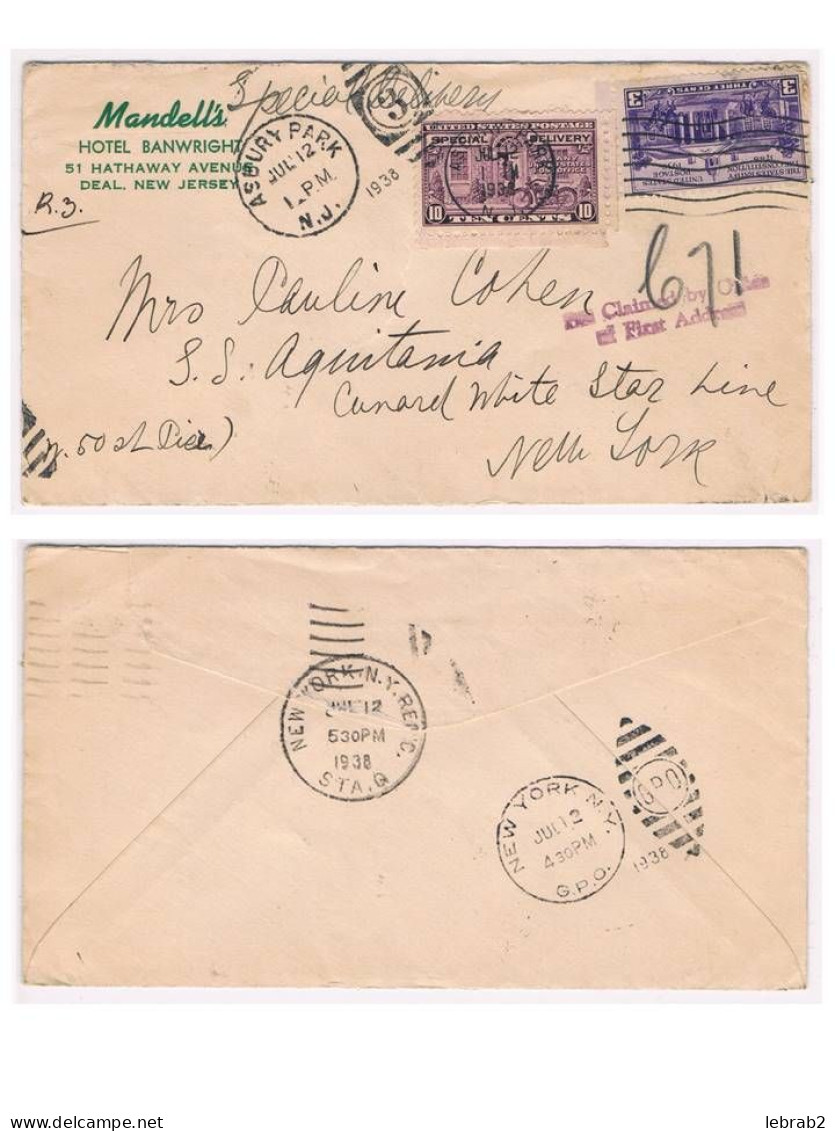 USA Special Delivery Cover 1938 Shipmail To SS Aquitania; D4831 - Otros & Sin Clasificación