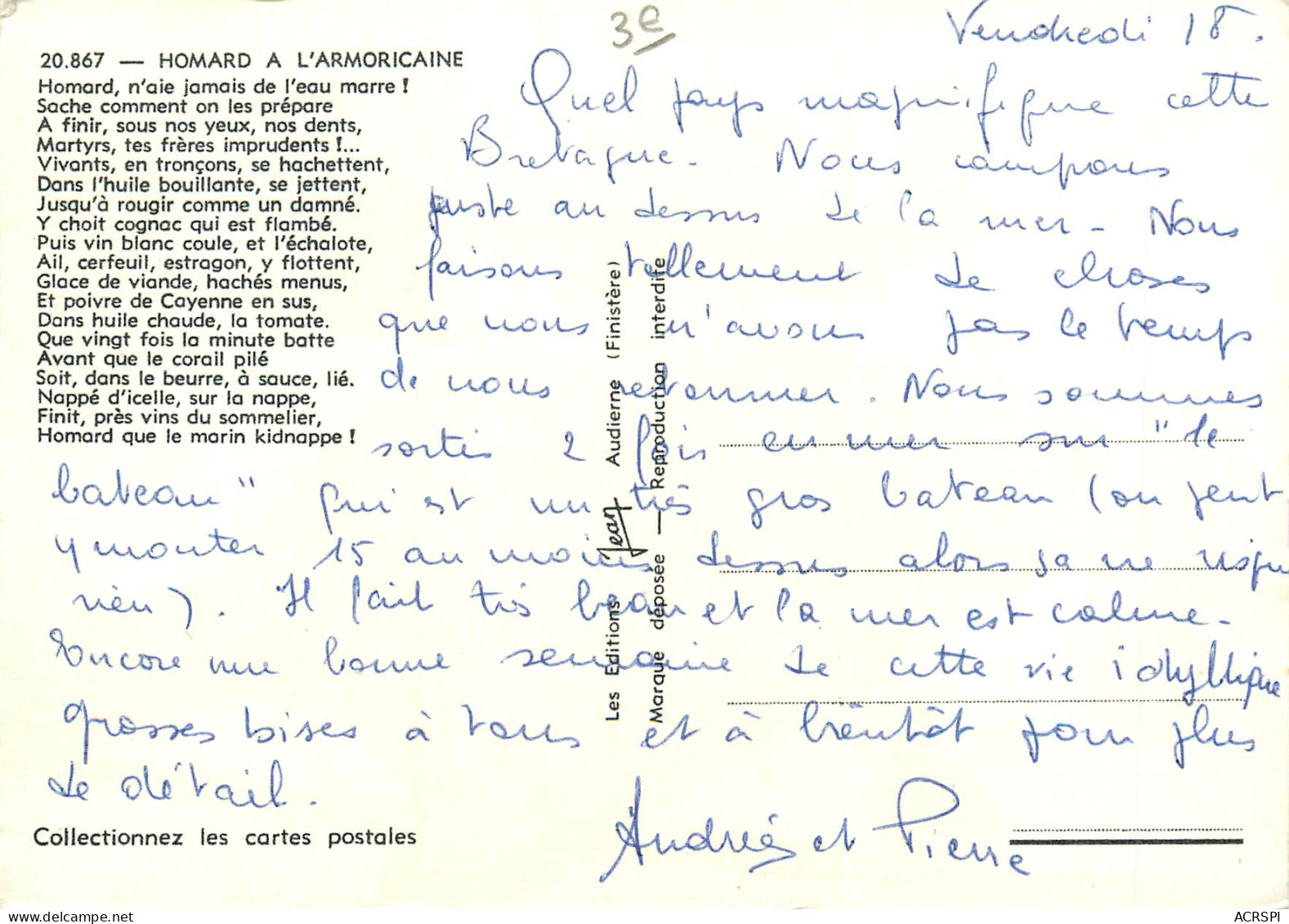 Recette  Le  HOMARD à L' ARMORICAINE   26   (scan Recto-verso)MA2288Bis - Recipes (cooking)