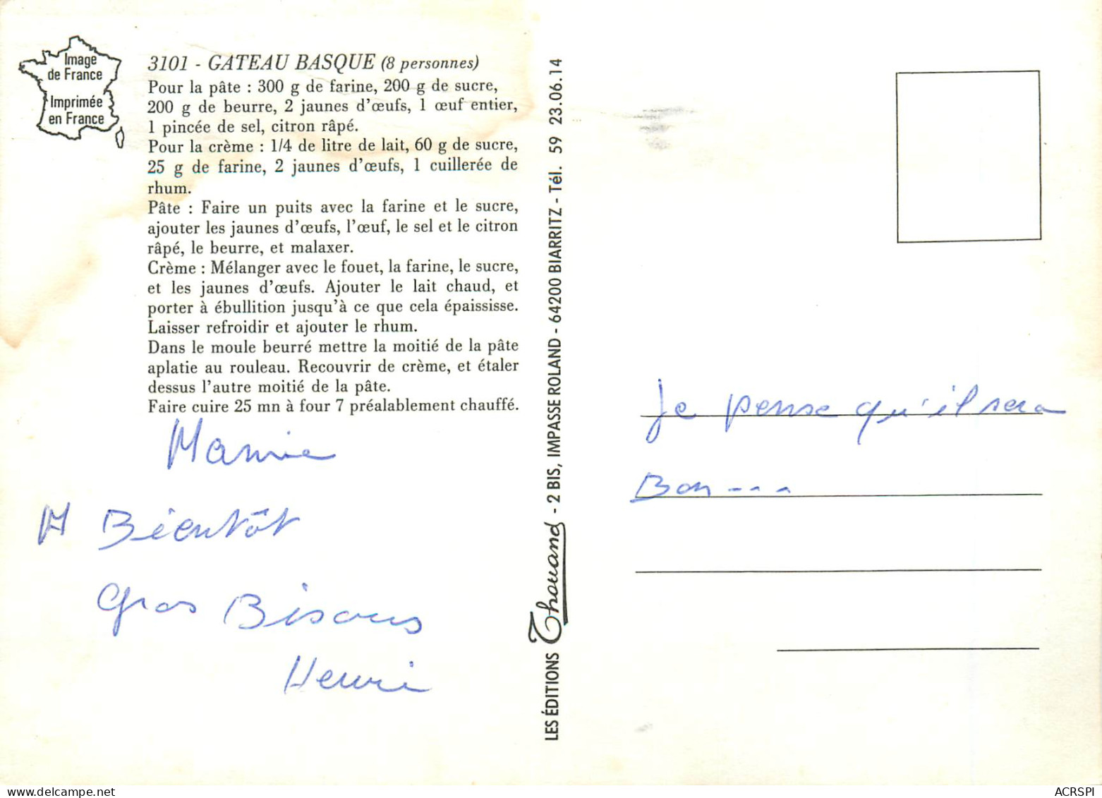 Recette  Le Gateau Basque  49  (scan Recto-verso)MA2288Bis - Recipes (cooking)