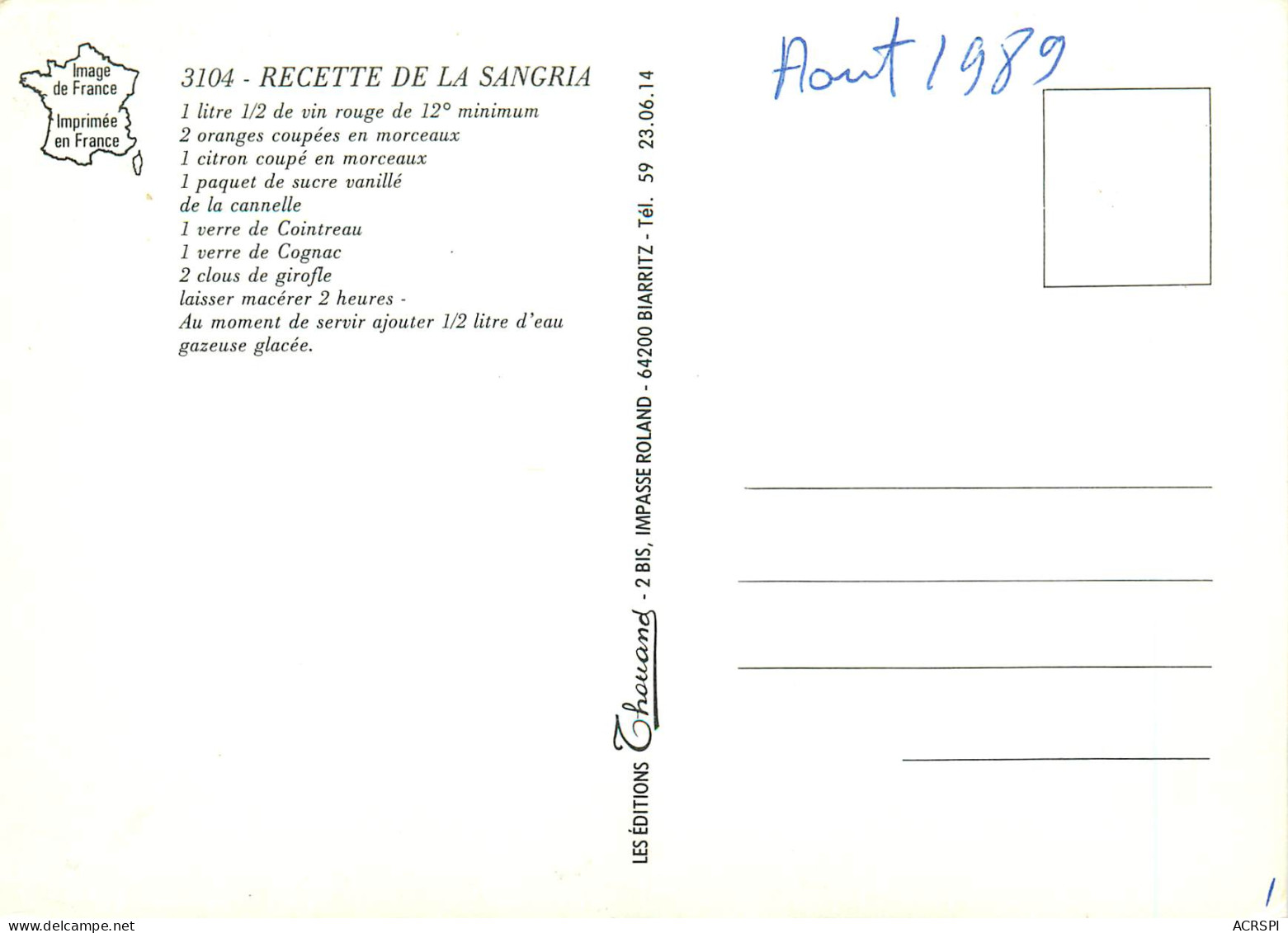 Recette  De La SANGRIA  48  (scan Recto-verso)MA2288Bis - Recipes (cooking)
