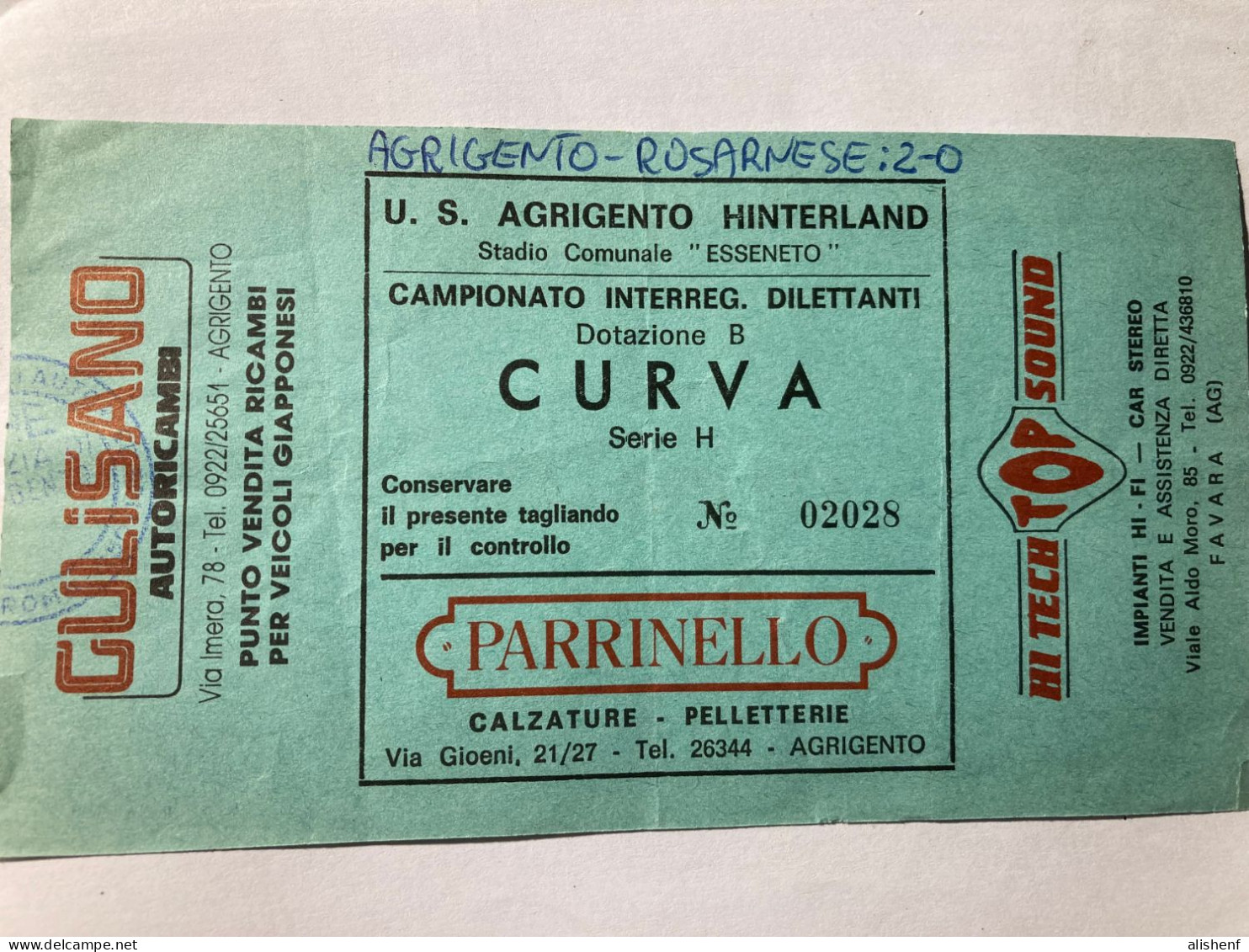 Biglietto Stadio Esseneto Agrigento Akragas Rosarnese Campionato Interregionale 1991-92 - Tickets D'entrée