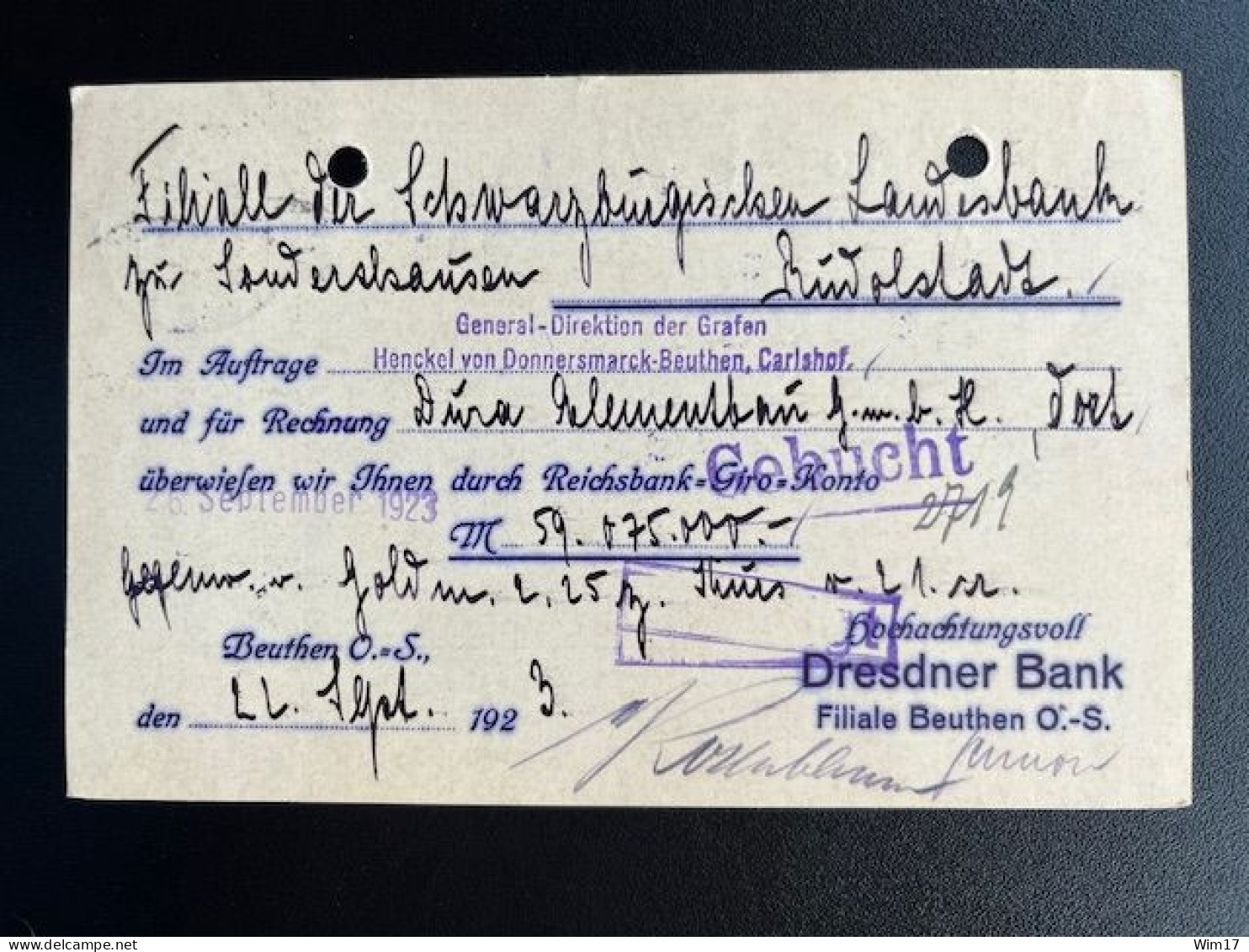 GERMANY 1923 POSTCARD BEUTHEN 22-09-1923 DUITSLAND DEUTSCHLAND - Briefe U. Dokumente